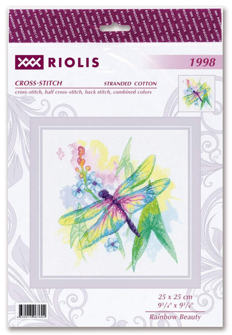 Kryželių rinkinys Riolis, 25×25 cm, spalvota laumžirgio kompozicija ant pakuotės, parodytas siuvinėtas vaizdas