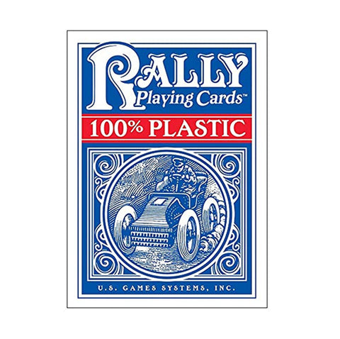 Rally žaidimų kortos mėlynu nugarėlių dizainu, 100% plastikinės dėžutėje, priekis su senoviniu automobiliu ir logotipu