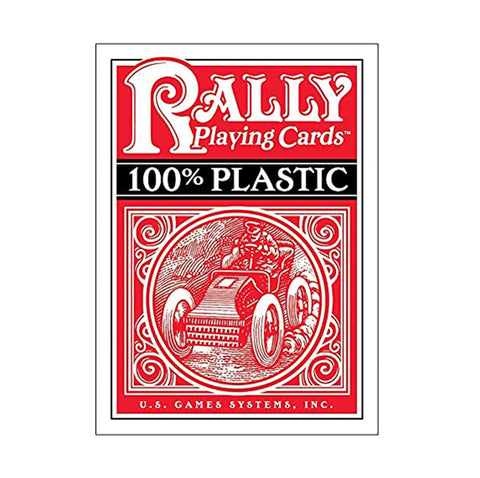 Rally raudonų 100% plastiko žaidimo kortų pakuotės priekinis vaizdas su senovinio lenktyninio automobilio piešiniu