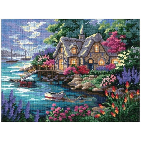 Deimantinė mozaika: ryški pajūrio kotedžo kompozicija su valtimi ir spalvotais želdiniais, 40×50 cm