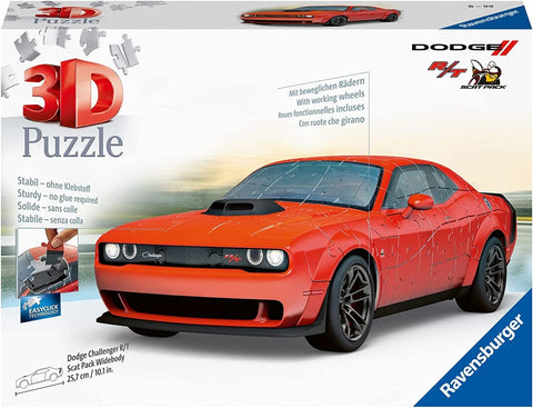 3D dėlionė Dodge Challenger R/T (Ravensburger) raudona plačiakėbė 25,7 cm modelis su judančiais ratais, lengvai surenkama