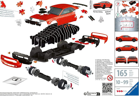 Dėlionė 3D Ravensburger Dodge Challenger raudona, 165 detalių, išardytas modelis su atskiromis korpuso ir ratų dalimis