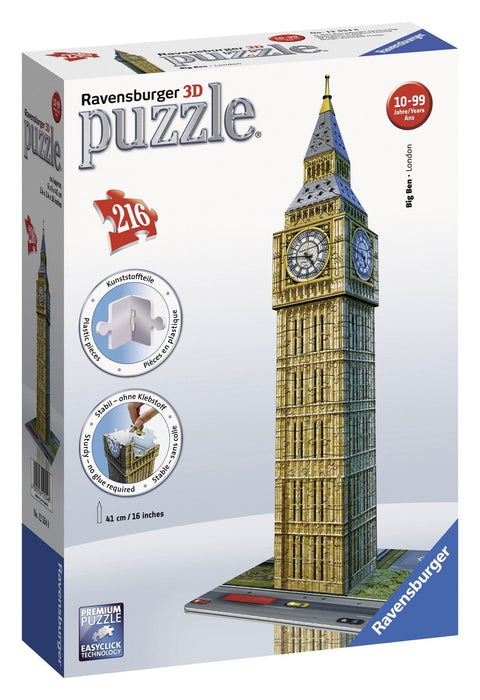 3D dėlionė Big Ben (Ravensburger) — aukso-rudos spalvos 41 cm laikrodžio bokštas, 216 detalių, pateikta ant pakuotės priekinio skydelio