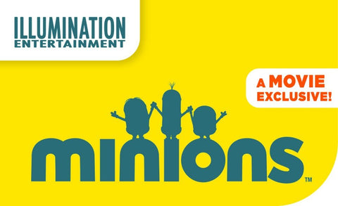 Minions filmas: geltoname fone Illumination logotipas, trijų minionų siluetai ir „A Movie Exclusive!“ ženklelis