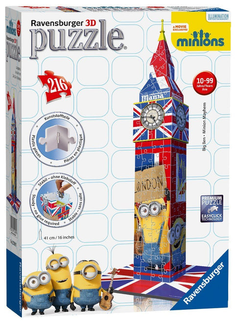 3D dėlionė Ravensburger Minions, 216 dalių, 41 cm Big Beno bokštas su britiška vėliava, dėžės priekinė pusė