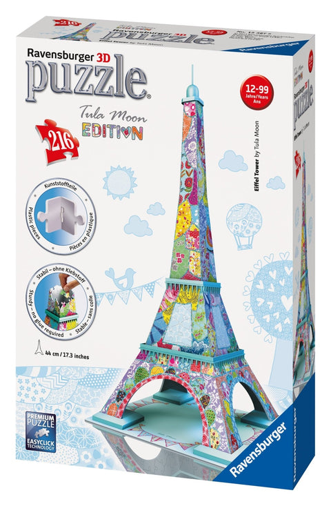 Eifelio bokšto 3D dėlionė Ravensburger, spalvotas mozaikinis raštas, 44 cm aukščio konstrukcija iš 216 detalių