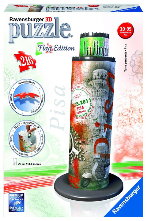 3D dėlionė Ravensburger Pisa — 216 dalių cilindrinė Italijos vėliavos tematikos dėlionė, surinkta ant juodos bazės (29 cm aukštis)