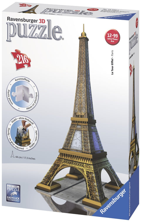 Eifelio bokštas 3D dėlionė Ravensburger, 44 cm aukščio, 216 dalių, aukso-bronzės spalvos modelis ir dėžutė