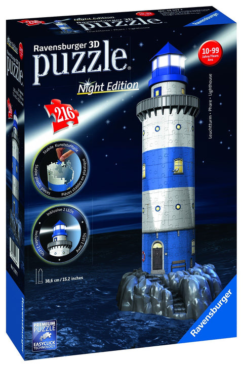 3D dėlionė švyturio modelis mėlyna–balta, 216 det., Night Edition su 2 LED ir 38,6 cm aukščio, pakuotėje