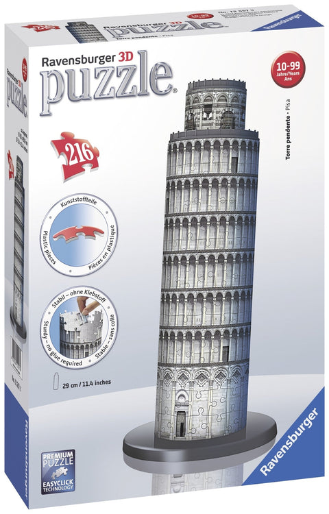 3D dėlionė Ravensburger Pizos bokštas, pilka, 216 dalių, surinkta ant ovalaus pagrindo, 29 cm aukščio
