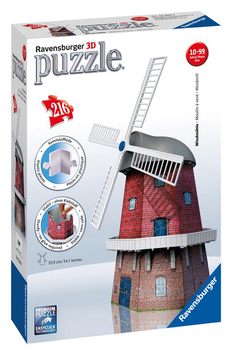 Dėlionė Ravensburger 3D vėjo malūnas — raudonos plytų konstrukcijos su baltomis mentėmis, 216 dalių, 35,9 cm aukštis.