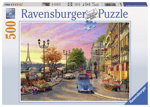 Dėlionė Ravensburger 500 detalių — Paryžiaus krantinė ir kavinė prie Senos saulėlydžio rožinėje ir aukso paletėje
