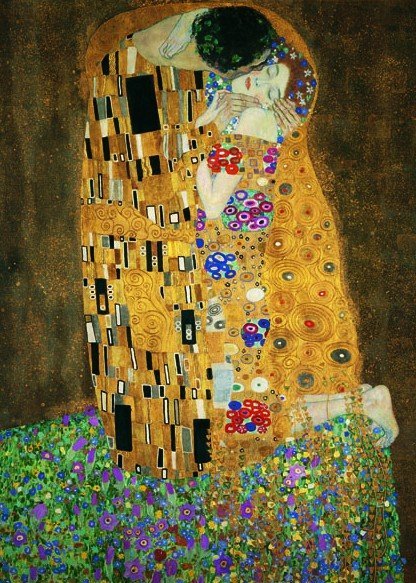 meno reprodukcija "Bučinys" (G. Klimtas), auksinė ir gėlių spalvų paletė, drobinis plakatas 50×70 cm