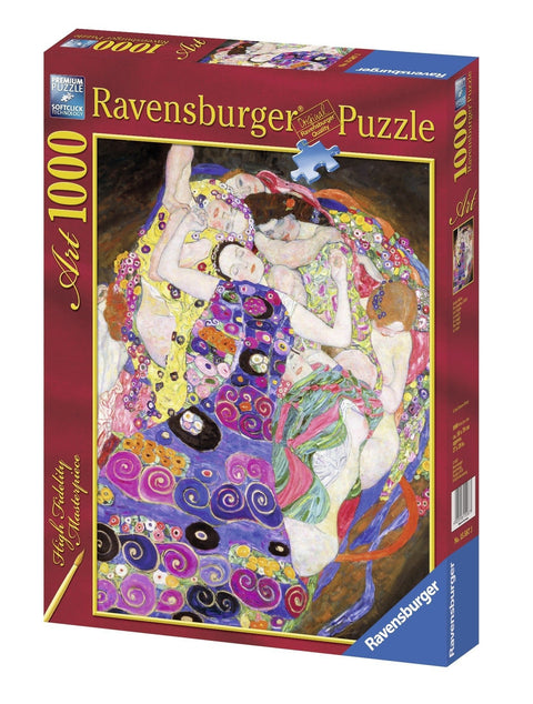 Dėlionė Ravensburger 1000 dalių, raudonos dėžės variantas su spalvingu meno motyvu ant priekinio viršelio, pakuotės kampas