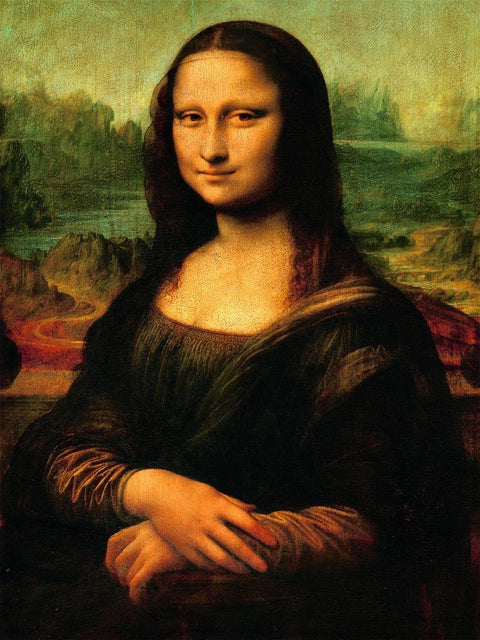Mona Liza reprodukcija 60×90 cm drobėje, sodrios spalvos su antikiniu įtrūkimų efektu, vertikali kabinimui