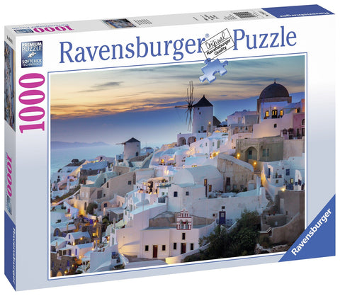 Dėlionė Ravensburger, 1000 detalių: Santorino pakrantės vakaro panorama su mėlynais ir baltais namais bei vėjo malūnu