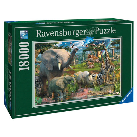 dėlionė Ravensburger 18000 detalių žalia dėžutė, dėžutės priekinė dalis su spalvingu safari gyvūnų piešiniu