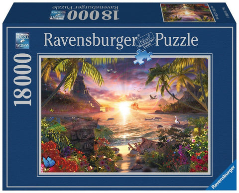 Dėlionė Ravensburger 18000 detalių – didelė tropinė scena su palmėmis, saulėlydžiu virš jūros, laivu ir spalvingais žiedais
