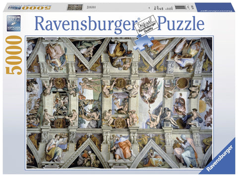 5000 dalių dėlionė Ravensburger su Siksto koplyčios lubų freska ant dėžutės priekio, detalus meninis variantas