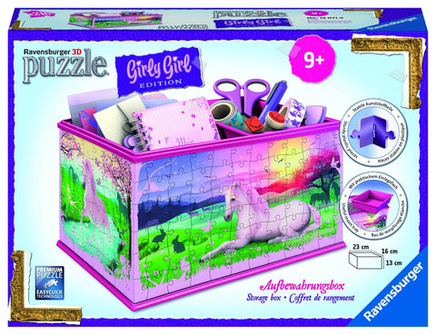 Laikymo dėžė Ravensburger rožinė‑violetinė 23×16×13 cm su vienaragio dėlionės paneliu, atvira viršuje su rašymo reikmenimis