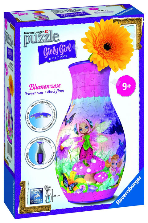 3D dėlionės vaza Ravensburger violetinė su fėjų iliustracija, 24 cm vandeniui atspari talpa ir geltona gėlė viršuje