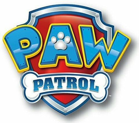 Paw Patrol logotipas raudoname skyde su mėlynais raidėmis ir baltu kauliuku, skirtas prekės ženklo identitetui