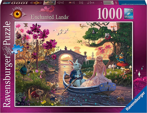 Dėlionė Ravensburger 1000 det. su pasakiška valtimi ir triušiu prie tilto saulėlydžio fone