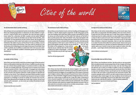 Dėlionė Ravensburger "Cities of the World" — pakuotės nugarėlė su keliautojų iliustracija ir daugialype aprašymo kalba