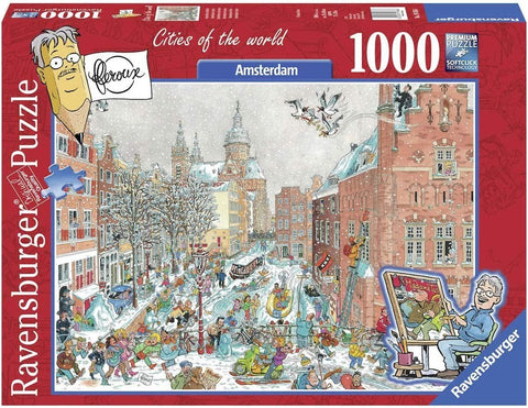 dėlionė Ravensburger 1000 dalių, Amsterdam žiemos gatvės scena ant dėžutės su kanalais, raudonais pastatais ir žmonių triukšmu