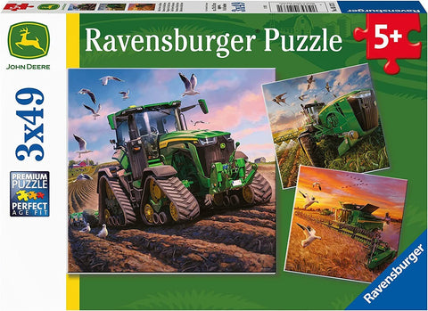 Ravensburger dėlionė, 3 × 49 det., John Deere žalių traktorių rinkinys su lauko peizažais vaikams nuo 5 metų