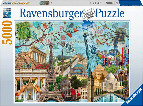 Dėlionė Ravensburger 5000 dalių – spalvingas pasaulio paminklų koliažas ant dėžutės, matomas visas priekinis vaizdas