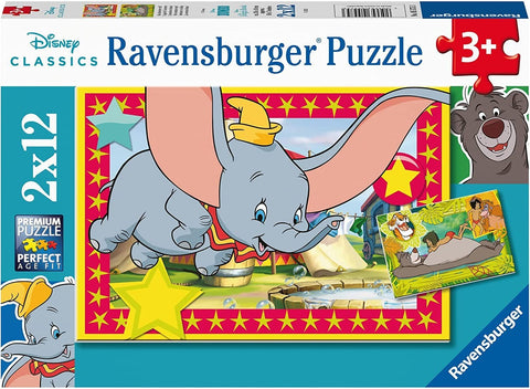 Dumbo dėlionė Ravensburger 2x12 dalių vaikams 3+, spalvingas cirko motyvas su skriejančiu Dumbo ir mažos dėlionės pavyzdžiu