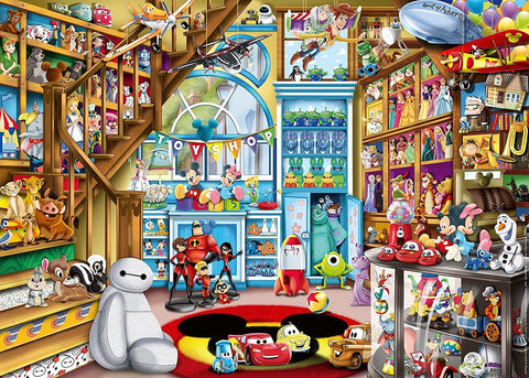 Dėlionė su Disney žaislų parduotuve ir įvairiais personažais, ryškiaspalvės detalės bei žaislų scenos, skirtos surinkimui
