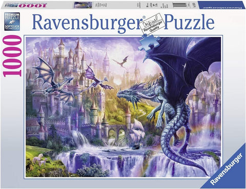 Puzzle Ravensburger 1000 detalių su violetine drakono ir pilies iliustracija, dėžutės priekinis maketas