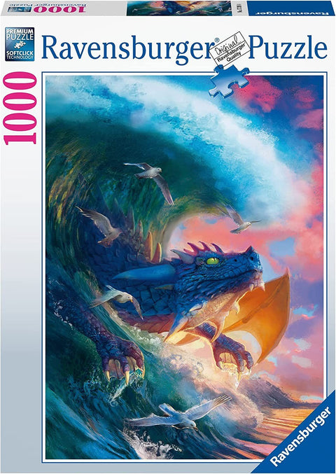 Dėlionė 1000 detalių Ravensburger — mėlynas drakonas kyla iš bangos prie rožinio dangaus, jūrinė fantazija