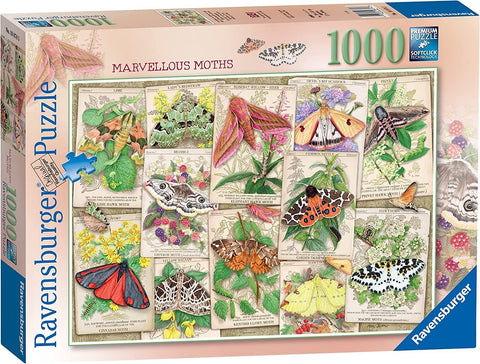 Dėlionė Ravensburger 1000 detalių Marvellous Moths, dėžės priekis su spalvingomis kandžių iliustracijomis ir botaninėmis kortelėmis