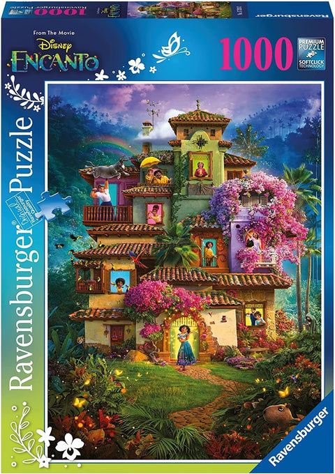 Encanto dėlionė (Ravensburger) 1000 detalių – spalvinga Madrigal namo iliustracija su gėlėmis ir vakaro fonu