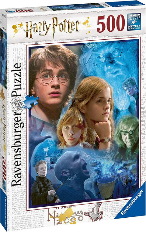 Harry Potter 500 dalių dėlionė Ravensburger, filmų personažų mėlynas koliažas su Harry, Hermiona, Ronu ir Voldemortu