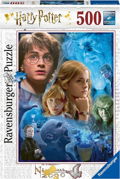 Harry Potter dėlionė Ravensburger 500 detalių – dėžutės viršelis su Hario, Hermionės, Ronio ir kitų personažų koliažu