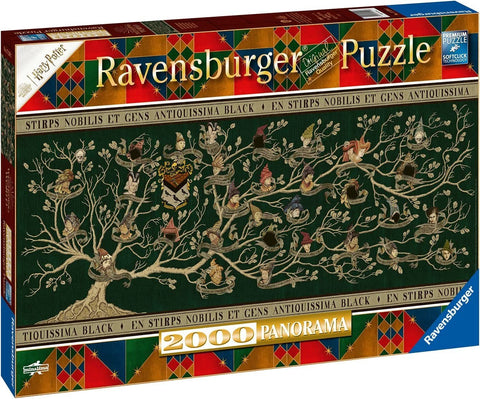 Dėlionė Ravensburger 2000 dalių panorama, tamsiai žalia „Black“ šeimos genealoginis medis su herbo motyvais, pakuotės priekinė iliustracija