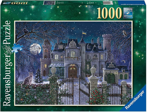 1000 dalių dėlionė Ravensburger – žiemos nakties pilies iliustracija, dėžutės priekis su žaliu rėmeliu ir logotipu