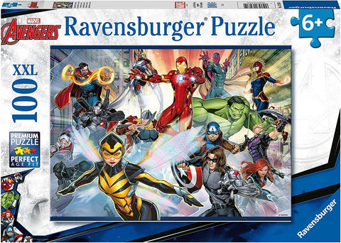 Avengers dėlionė Ravensburger 100 XXL dalių su spalvingu superherojų grupės piešiniu — Iron Man, Hulk, Kapitonas Amerika ir kiti