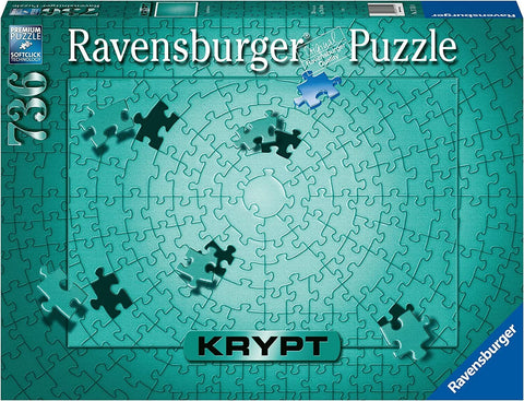 Dėlionė Ravensburger KRYPT 736 dalių, turkio–žalsva monotoniška spiralinė rašta, dėžutės priekinė pakuotė