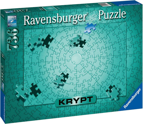 Dėlionė Ravensburger Krypt, turkio spalvos 736 dalių, dėžutės priekinė pusė su koncentriniu surinkimo fragmentų raštu