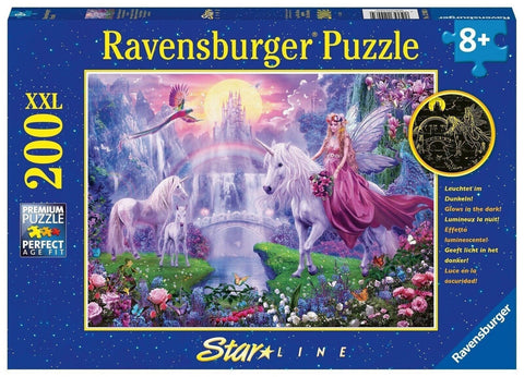 Dėlionė Ravensburger 200 XXL su šviečiančiais elementais — pastelinių spalvų pasakos scena su vienaragiais ir fėja