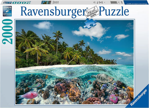 Dėlionė Ravensburger 2000 det., panoraminis perpjautas jūros ir krantinės motyvas su palmėmis, koralais ir vėžliais