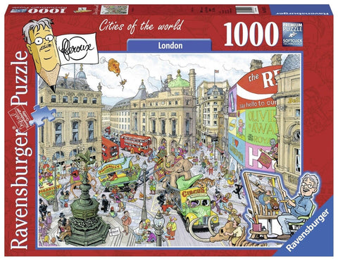 Dėlionė Ravensburger 1000 detalių "London" – spalvinga Piccadilly Circus scena su dviviais autobusais ir cirko paradais