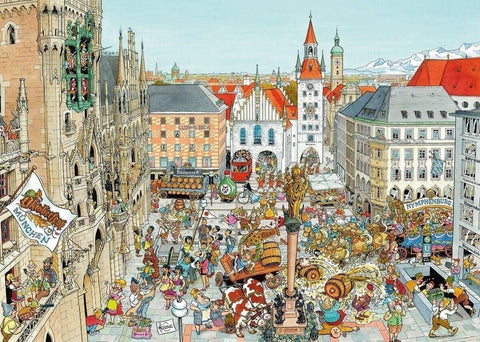 Plakatas Miuncheno aikštės scenoje su Oktoberfest švente, alaus bareliais, karietomis ir spalvingu minios šurmuliu