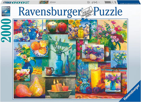 Dėlionė Ravensburger 2000 dalių, spalvotas gėlių ir vaisių koliažas ant dėžutės priekio, frontinis planas