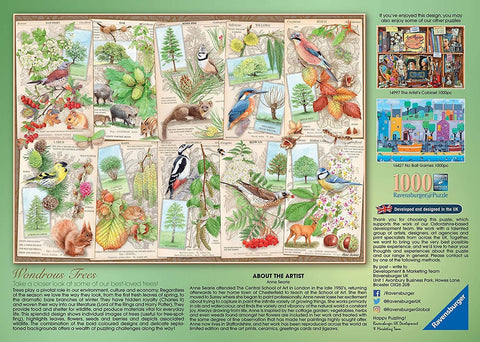 Dėlionė 1000 dalių Ravensburger, iliustruotas medžių ir paukščių koliažas ant žalio dangtelio, pakuotės priekinė dalis